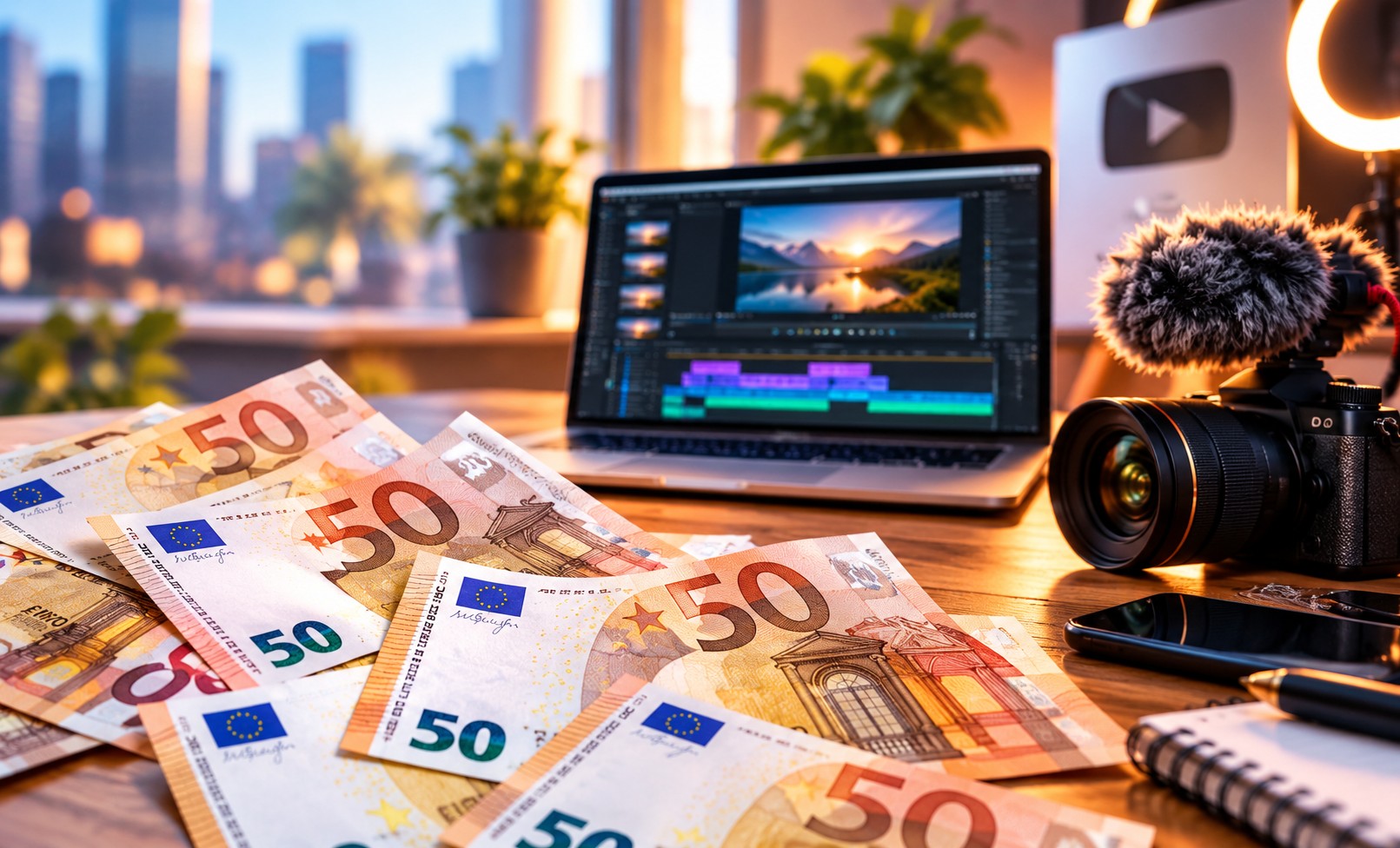 Poste de montage vidéo avec une timeline, un microphone et un casque, entouré d'icônes représentant les revenus publicitaires, l'affiliation, les partenariats et les missions pour des clients.